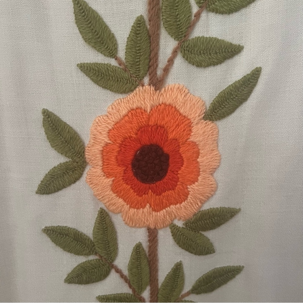 Vintage tan coral yellow flower power floral embroidered crewel sheath dress S - Picture 6 of 16